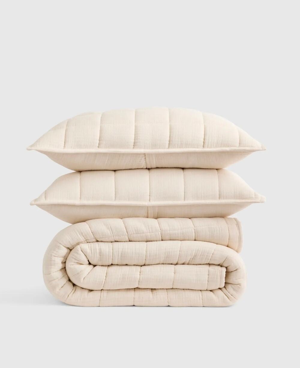 New Quince Organic Airy Gauze Box Quilt 3Pc Set King Cal King Undyed $200 MSRP